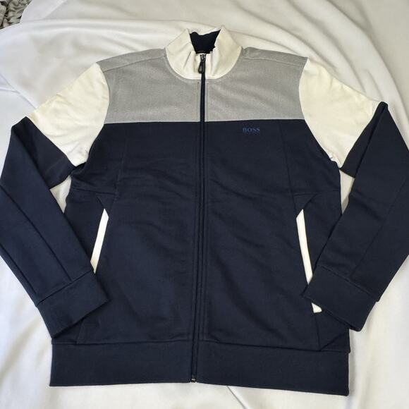Boss Men’s Medium Zip Up Jacket Blue White Made In Peru Hardly WornH